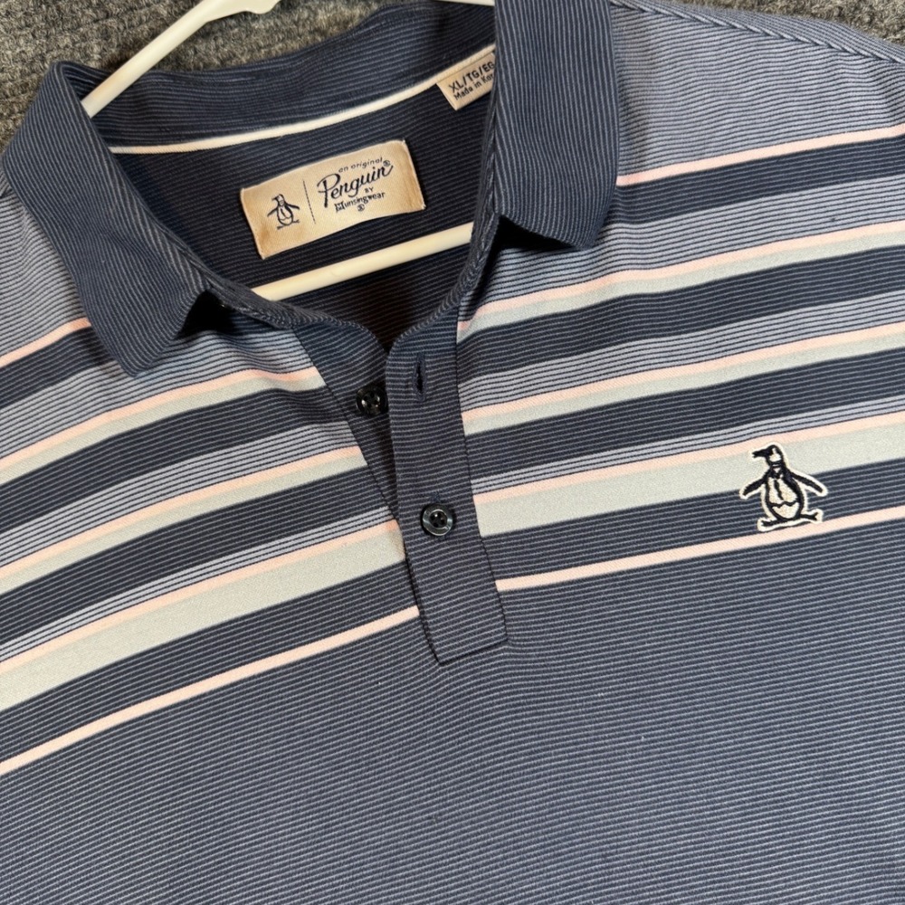 Original Penguin Mens XL Polo Shirt Navy Pink Grey Stripe Embroidered Penguin